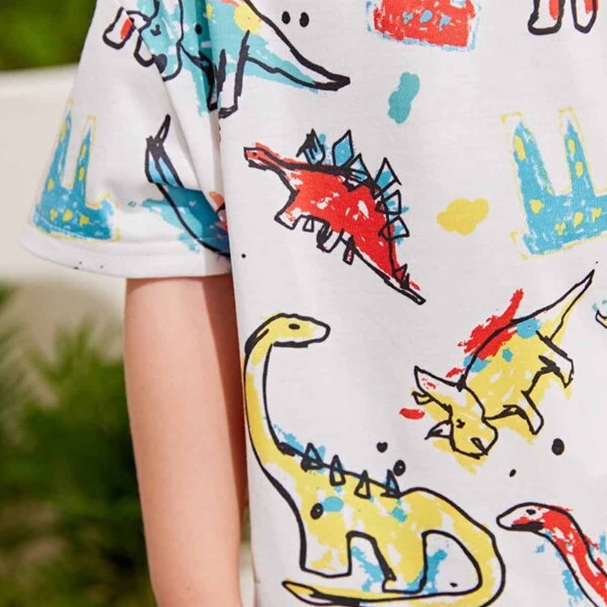 Venutaloza Kids Cartoon Dinosaur Letters Casual T-Shirt & Shorts Two Piece Set For unisex.