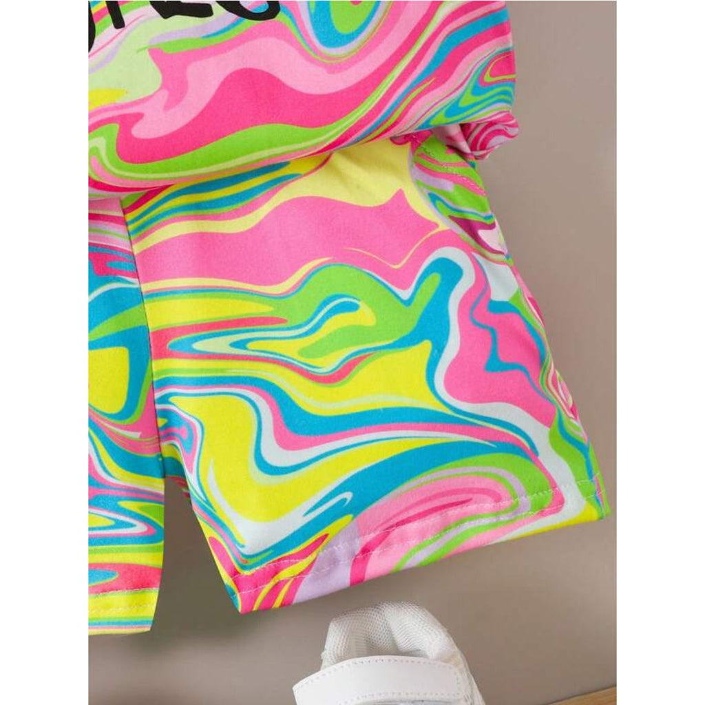 Venutaloza Kids Fluid & Slogan Graphic T-Shirt & Shorts Two Piece Set For Boys.
