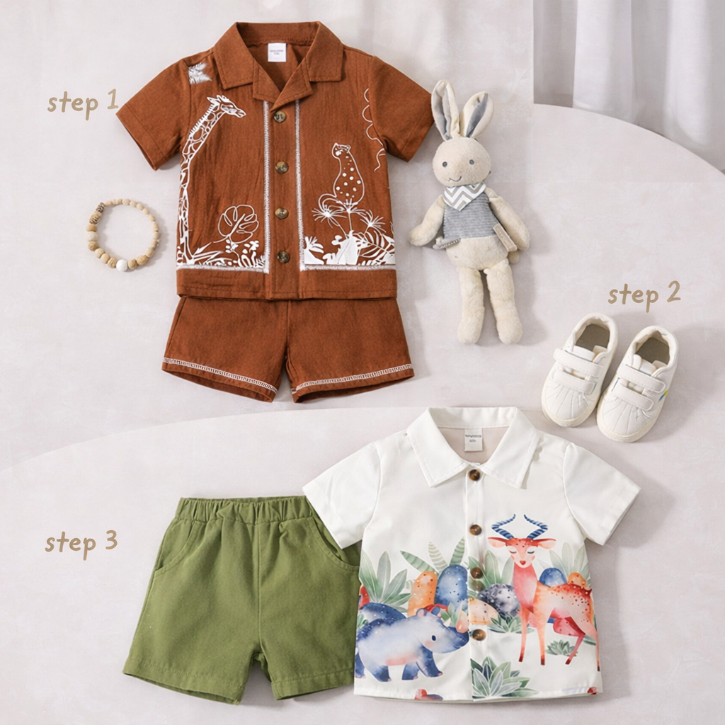 2Pc Baby Set Animals (Combo Pack Of 2) Shirt & Shorts Set For Boy & Girls.