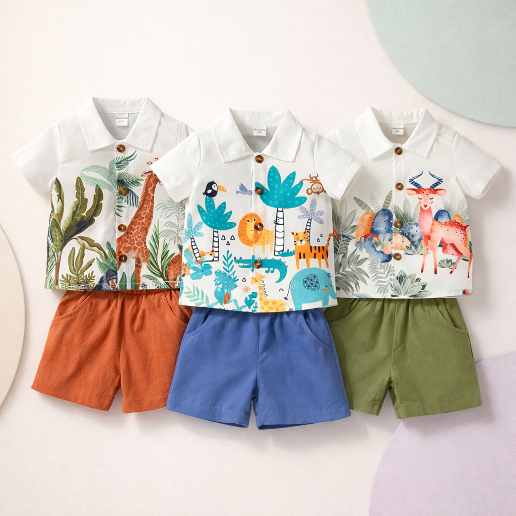 Venutaloza Baby Set Animals Graphic (Combo Pack Of 3) Shirt & Shorts Two Piece Set For Boy & Girls.