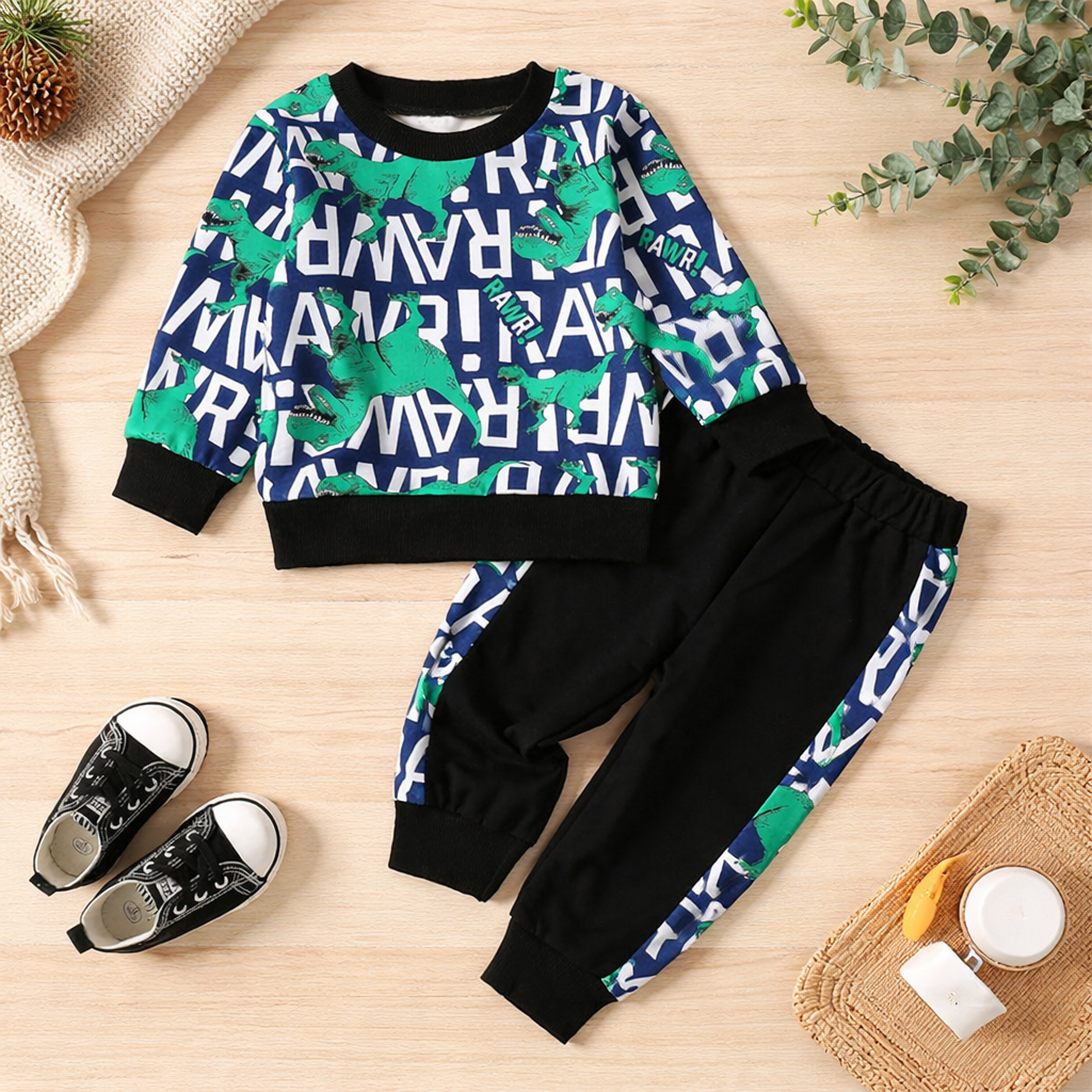 Venutaloza Boys Letter Dinosaur Print Graphic T-shirt & Pants Two Piece Set For Boys.