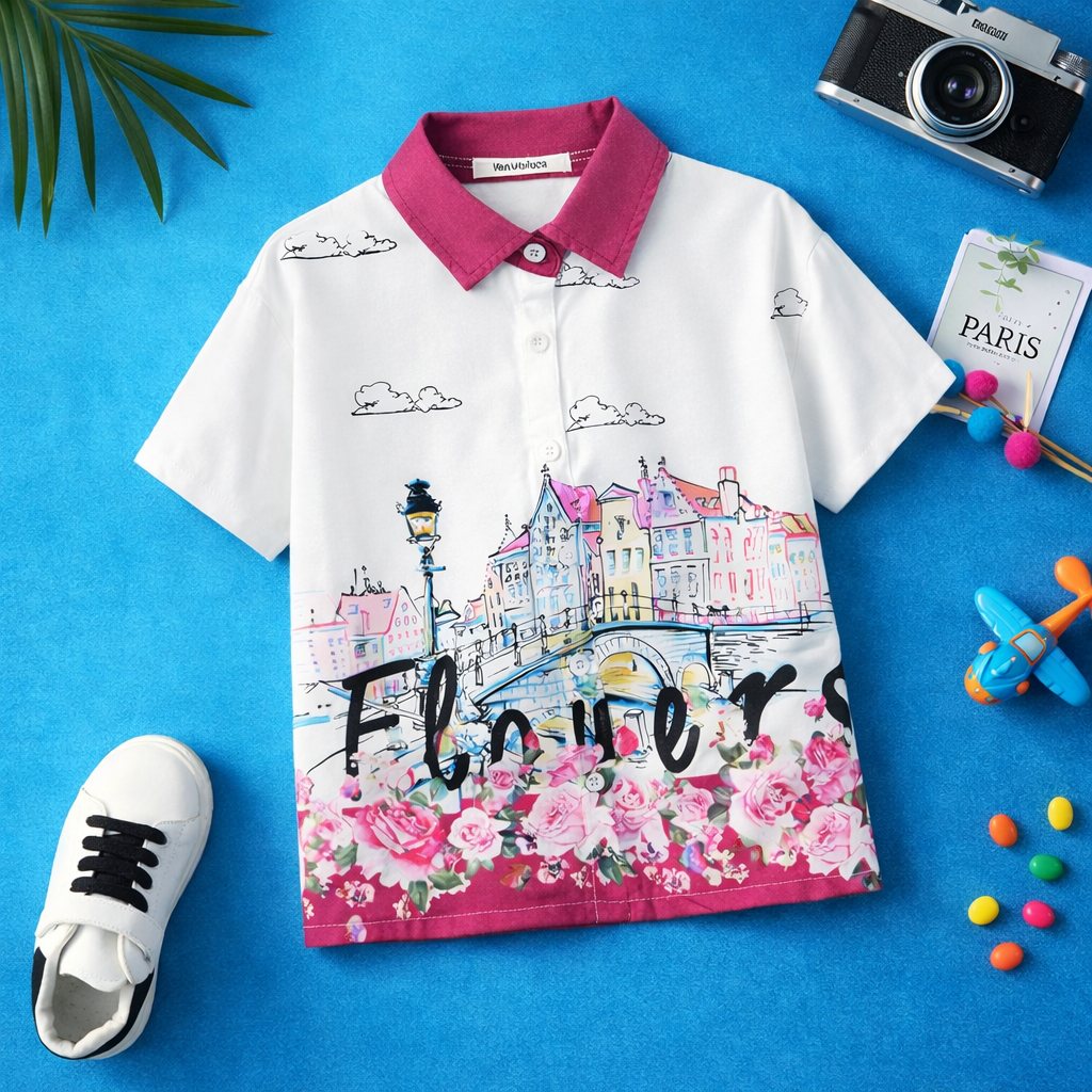 Venutaloza City Flowers Border Print Short Sleeve Shirt For Boys.
