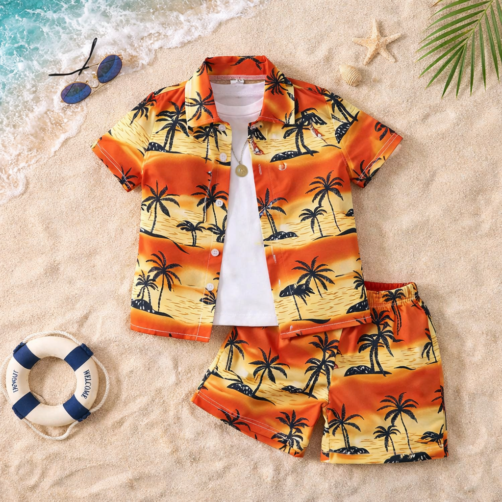 Venutaloza Kids Sunshine Tropical Print Shirt & Shorts Without tee Two Piece Set.