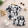 Venutaloza Kids Black & White Cartoon Panda Print Turn Down Collar Shirt & Shorts Without tee Two Piece Set.