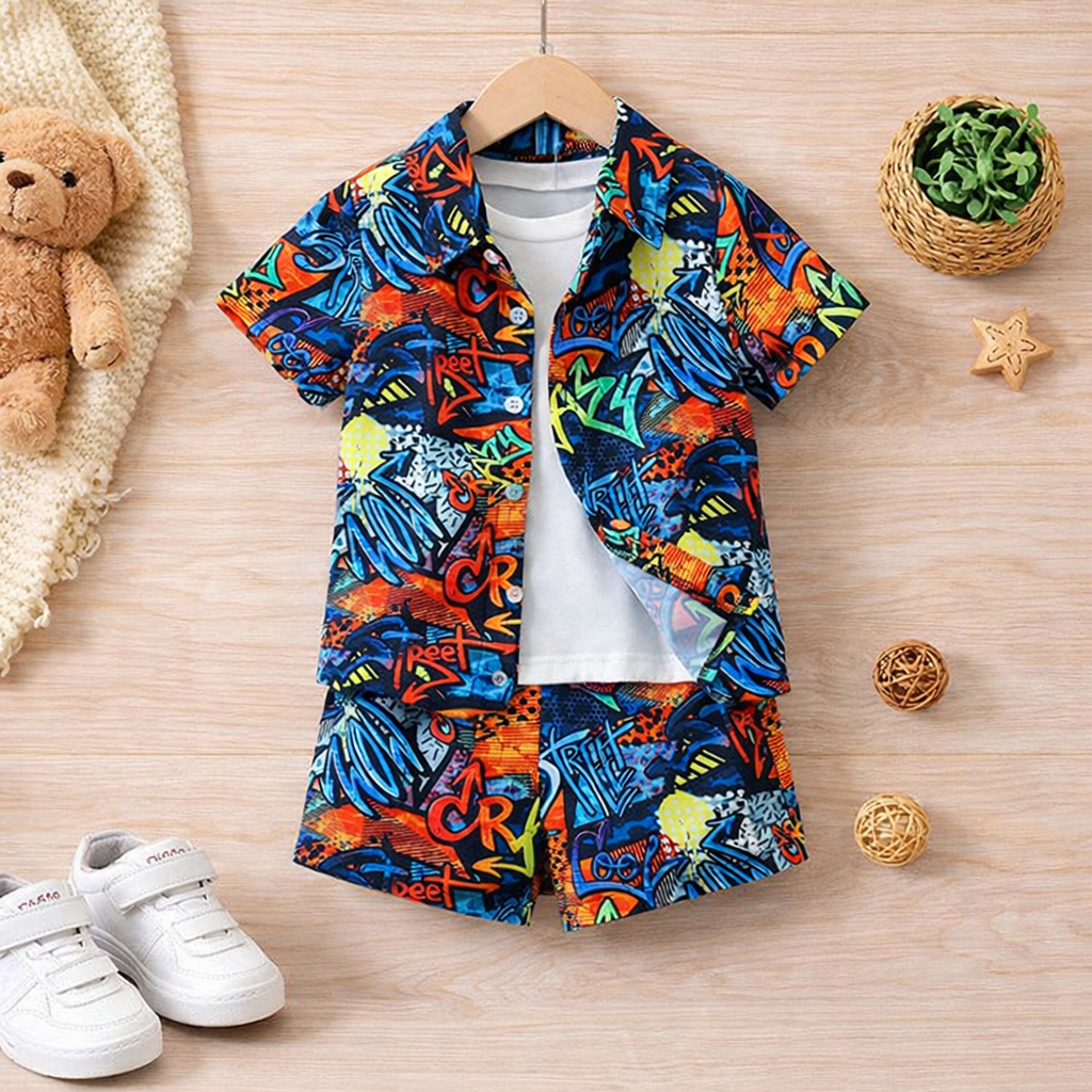 Venutaloza Toddler Boys Letters Graphic Allover Shirt & Shorts Without tee Two Piece Set.