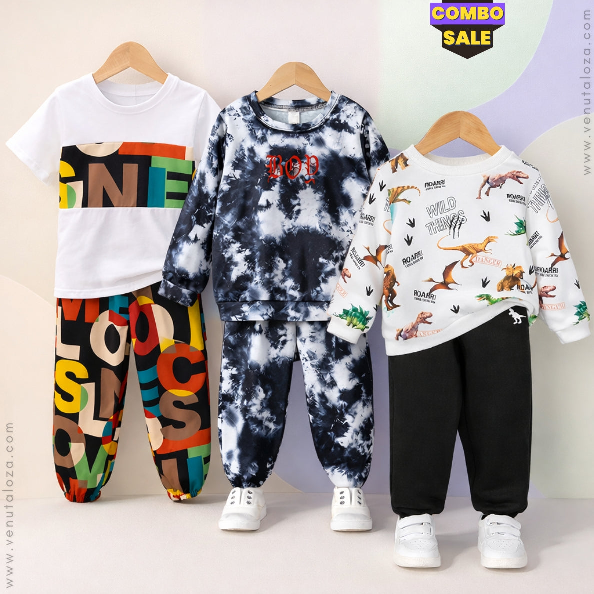 Venutaloza Baby Set Letters & Dinosaur Animal & Tie Dye Fleece (Combo Pack Of 3) T-Shirt & Pants.