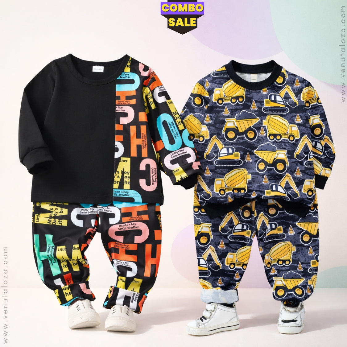 Baby Set Letter Graphic & Car Color-Block Letter (Combo Pack Of 2) T-shirt & Pants.