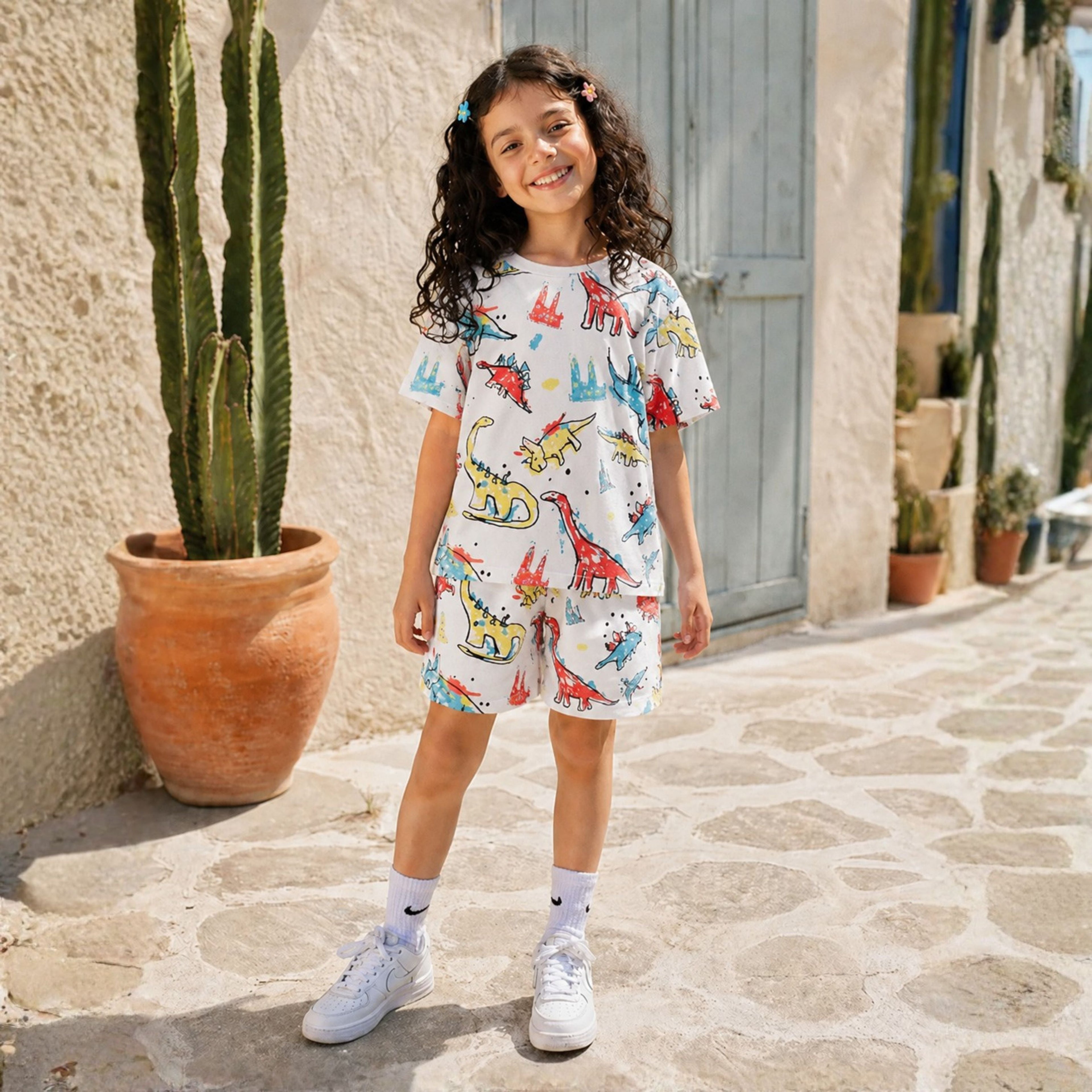 Venutaloza Kids Cartoon Dinosaur Letters Casual T-Shirt & Shorts Two Piece Set For unisex.