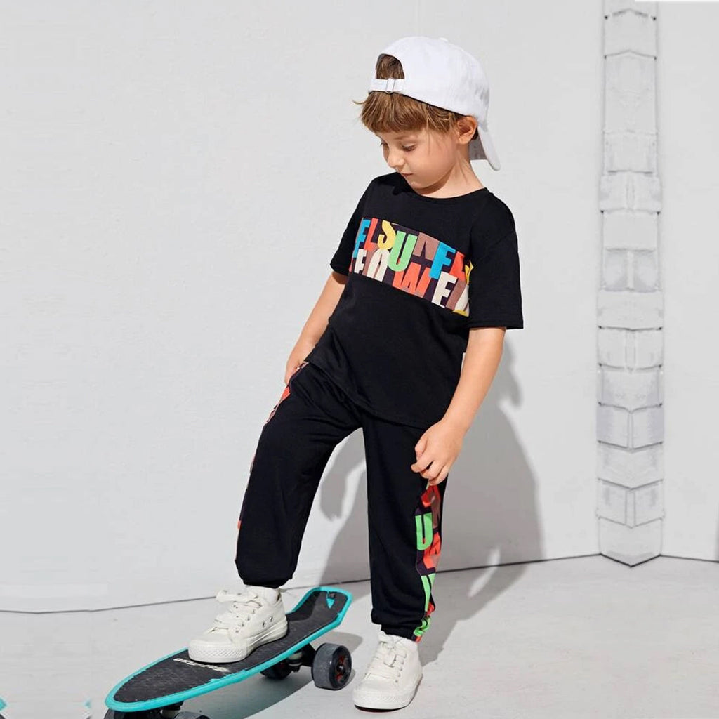 Venutaloza Toddler Boys letter Graphic T-Shirt & Pants Set.