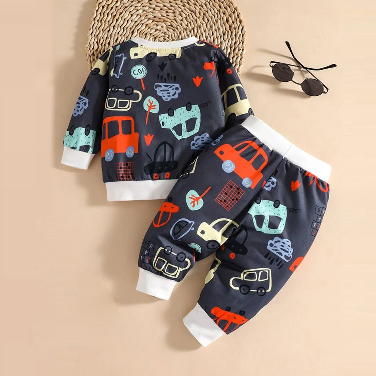 Venutaloza Stylish Baby Set White Thermal Print & Car & Tree Pullover Design (Combo Pack Of 2) T-Shirt & Pants.