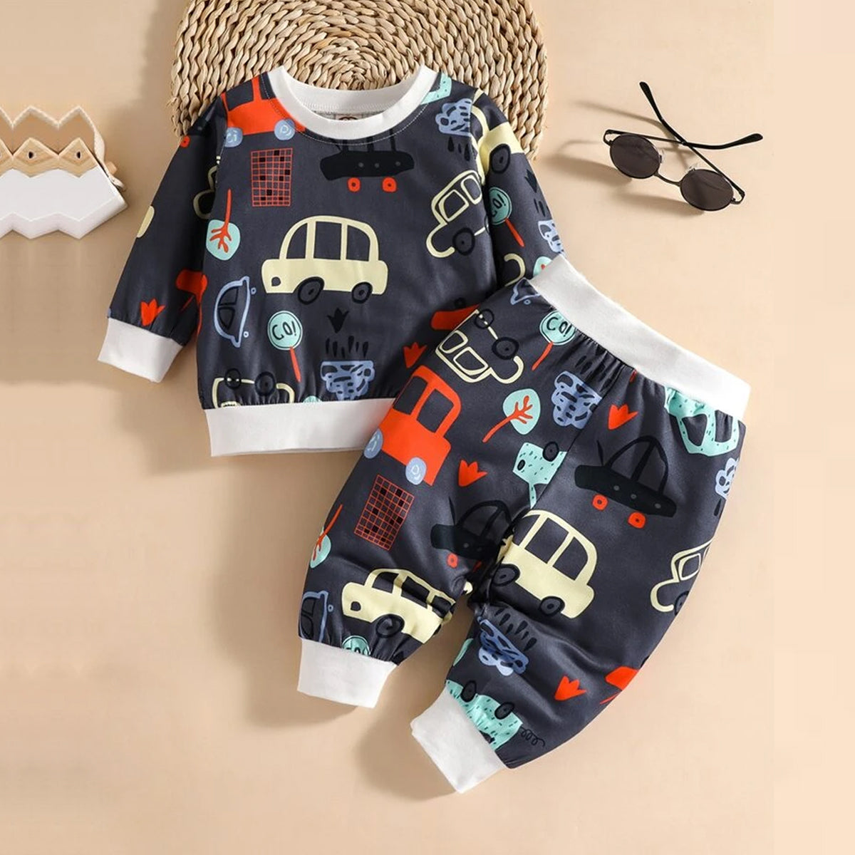 Venutaloza Stylish Baby Set White Thermal Print & Car & Tree Pullover Design (Combo Pack Of 2) T-Shirt & Pants.