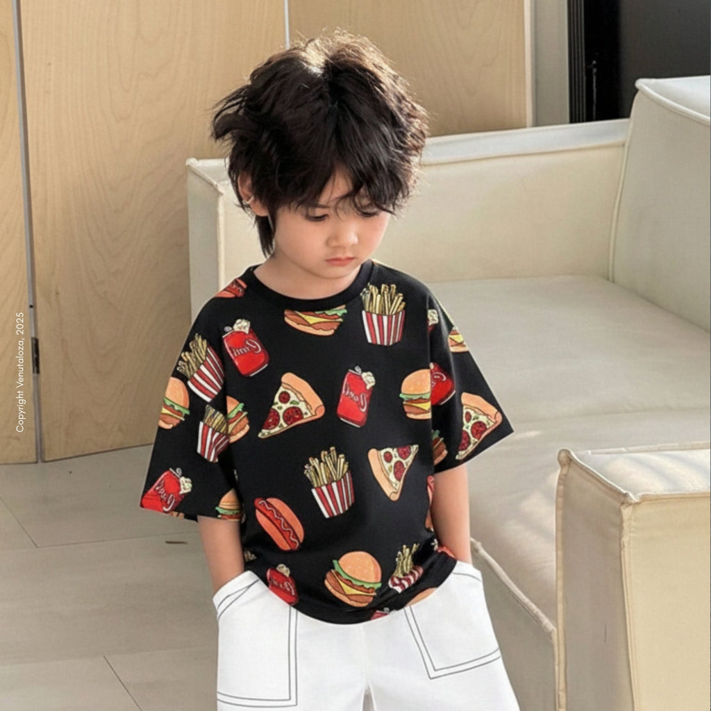 Venutaloza Boy's Food Print Scoop Neck Color Block T-Shirt For Boy's & Girl's..