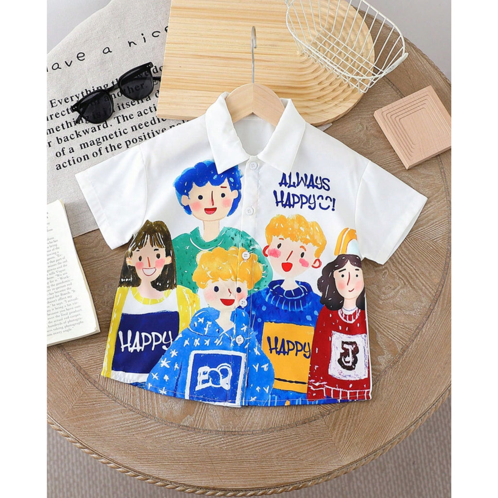 Venutaloza Cartoon Character Letter Print Short Sleeve Casual Shirt For Boy.