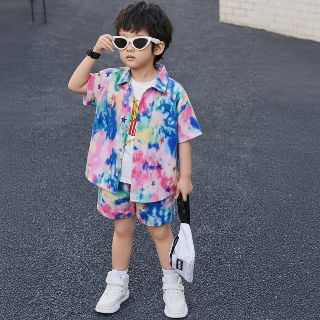 Venutaloza Kids Tie Dye Stars Printed Short Sleeve Shirt And Shorts Without tee Two Piece Set.