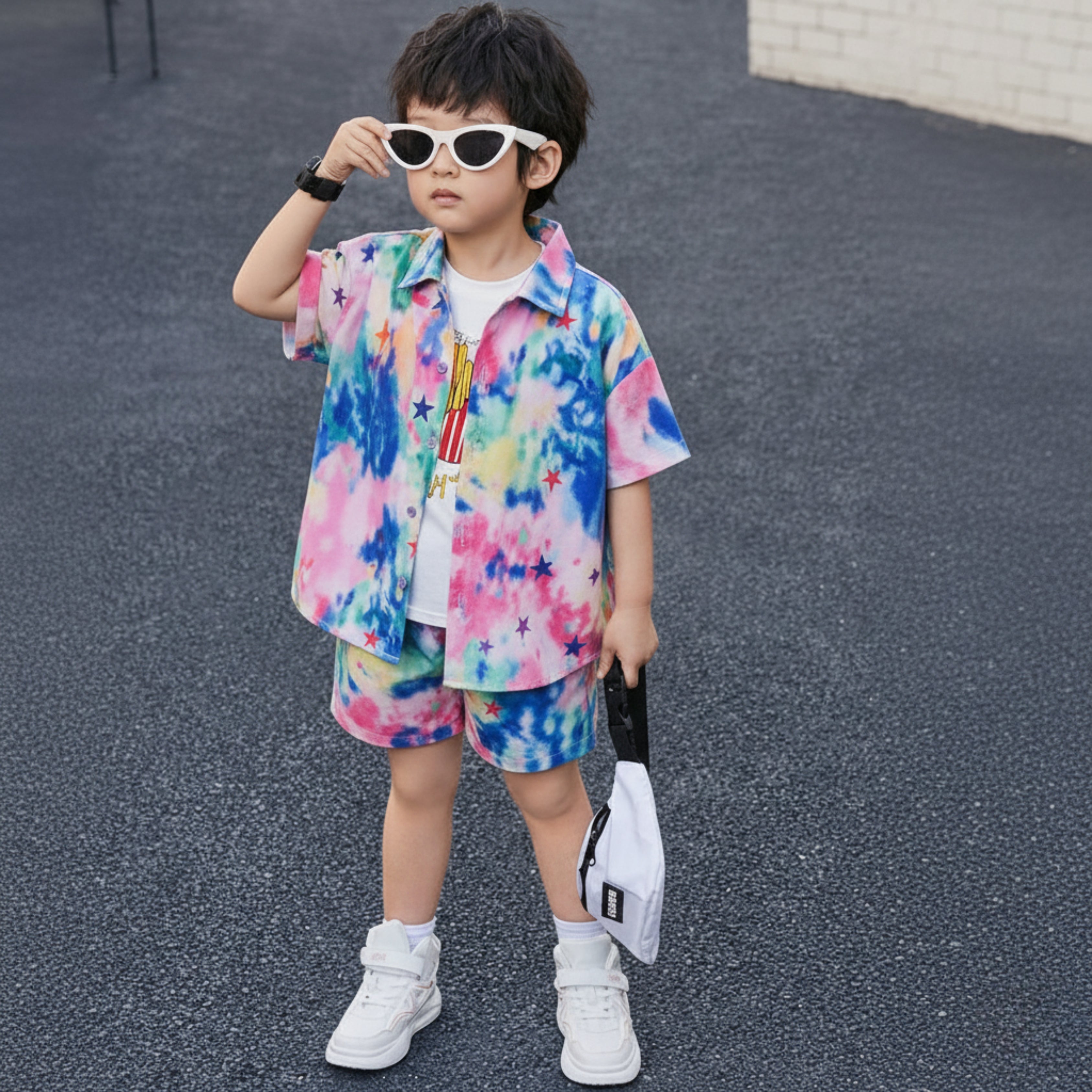Venutaloza Kids Tie Dye Stars Printed Short Sleeve Shirt And Shorts Without tee Two Piece Set.
