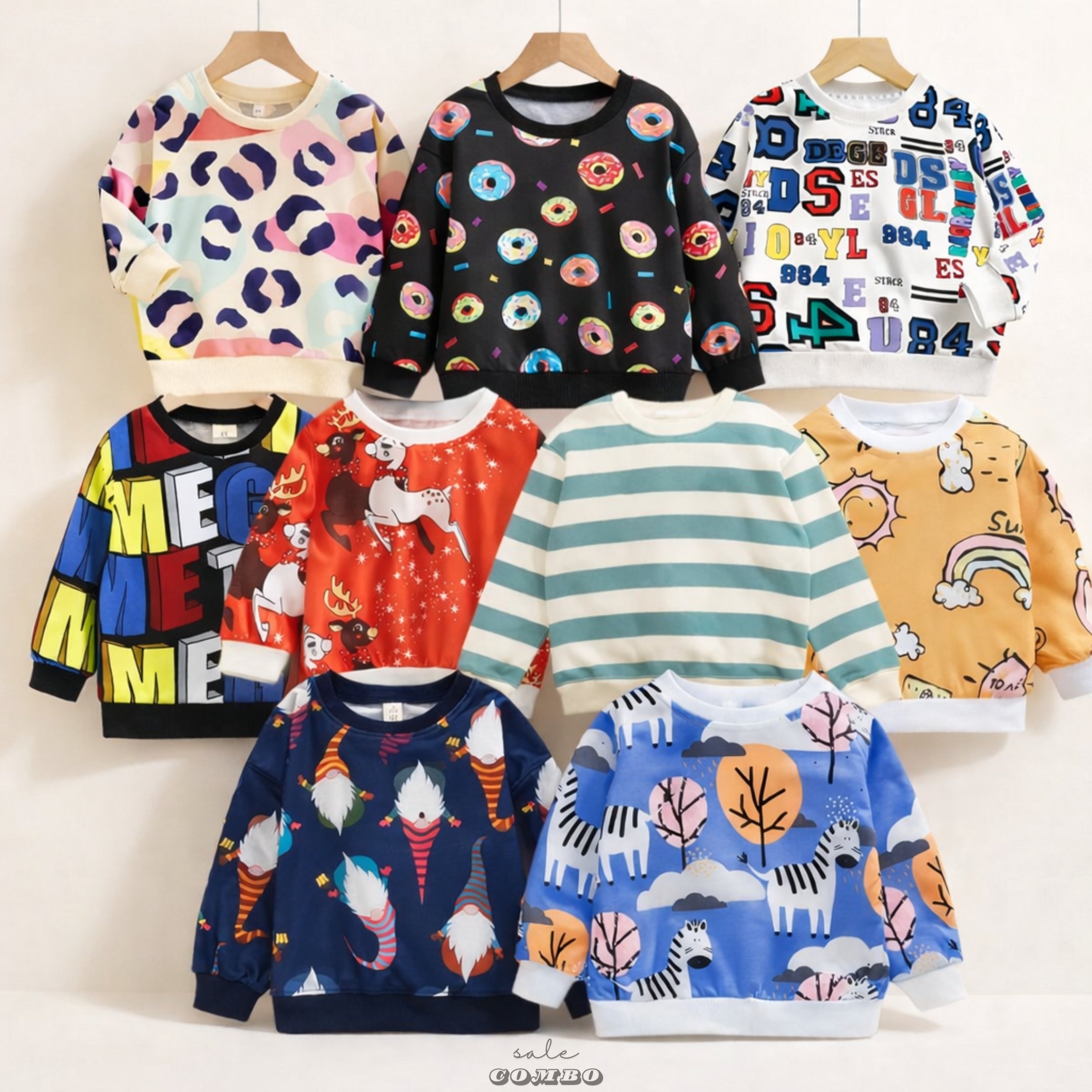 Venutaloza Boy's Full Sleeves Allover Colourful  Graphic ((COMBO PACK OF 9 )) T-shirt Striped For Boy's & Girls,